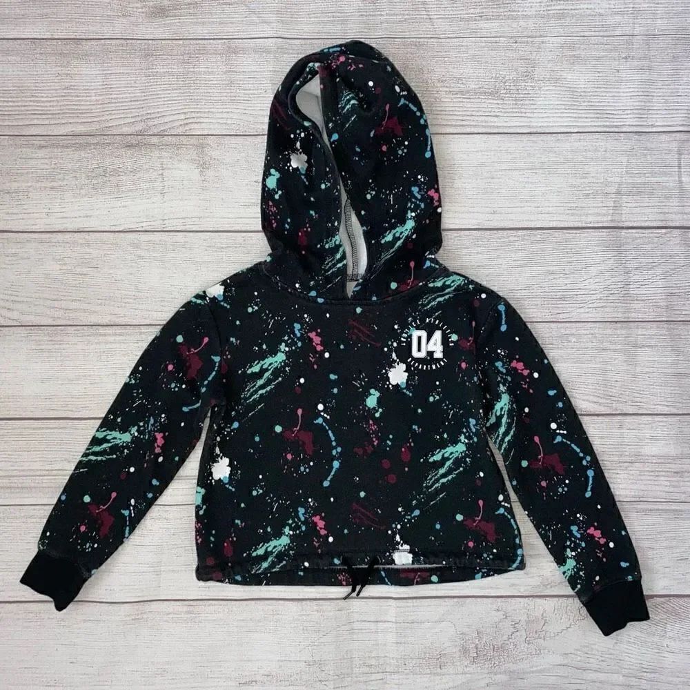 Justice active paint splatter hoodie w/bottom hem drawstring youth girls sz 6
